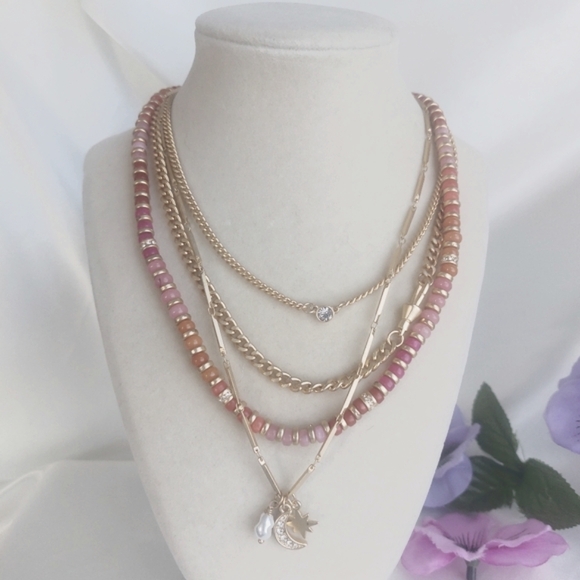 LOFT Jewelry - LOFT Festive Layered Necklace Gold Tone Coral Beads Moon Star Celestial